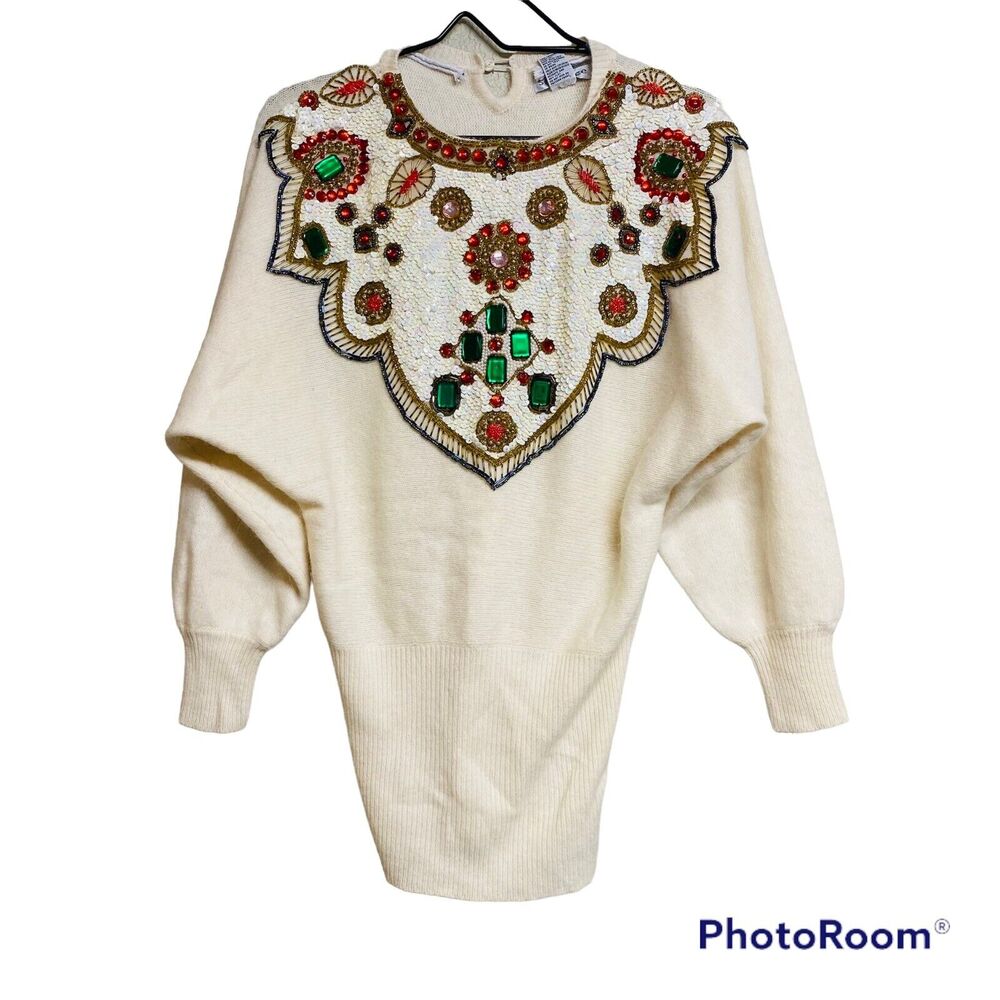 Vintage Semplice Beaded Sequin Bib Sweater Sz MD Ivory Oversized Lambswool Fuzzy